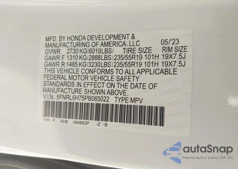 2023 Honda Odyssey Sport из США, поврежденный, VIN 5FNRL6H75PB065022